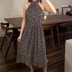 JOA Dark Navy and Cream Printed Pleated Mock Neck Midi Dress